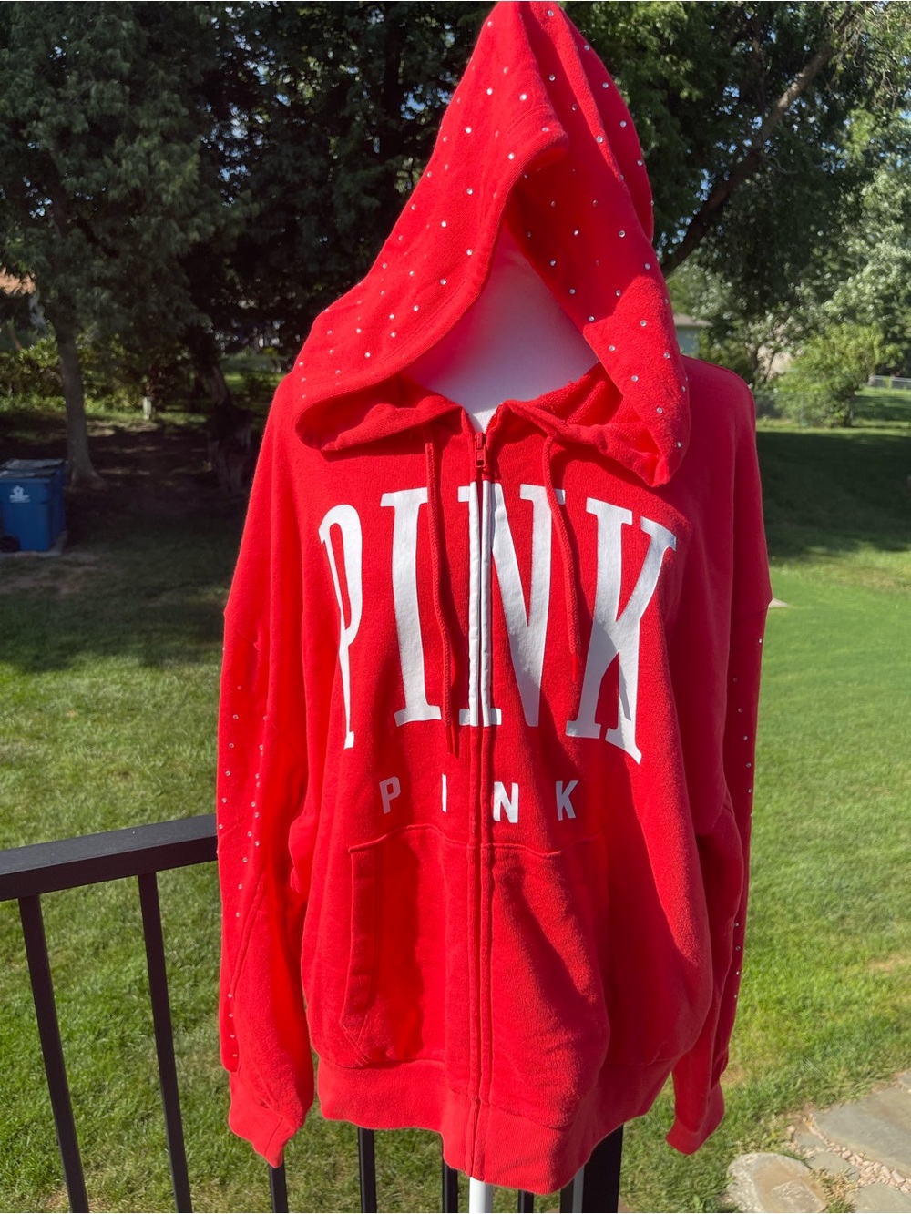 Victoria Secret Pink Red Rhinestone Oversized Full Zip Large Hoodie